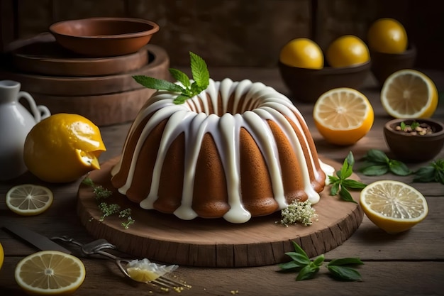 Un ciambellone al limone con limoni su un tavolo di legno.