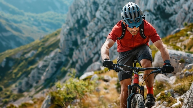 Un ciclista atletico con casco e attrezzature affronta una scogliera ripida