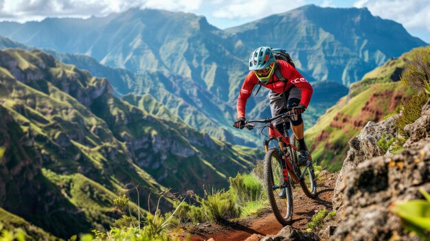 Un ciclista atletico con casco e attrezzature affronta una scogliera ripida