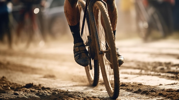 Un ciclista attraversa fango e fango con la parola bici sul davanti.