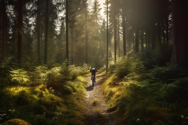 Un ciclista attraversa una foresta con il sole che splende sul suo casco