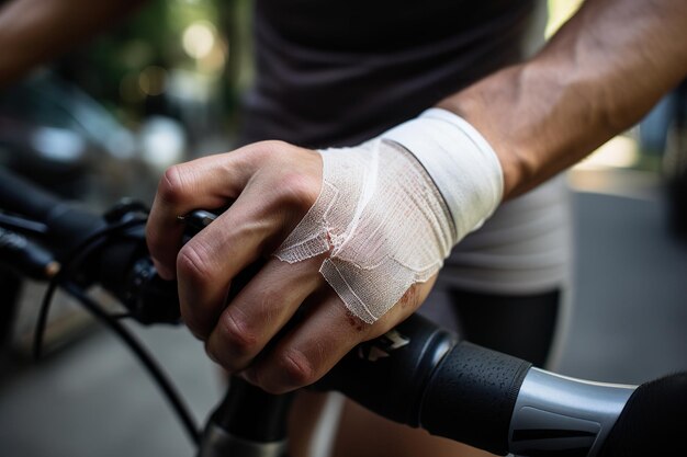 Un ciclista che attacca rapidamente una benda autoadesiva