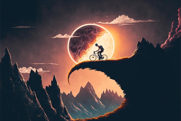 Un ciclista che attraversa una scogliera contro il cielo con l'illustrazione di stile di arte digitale di eclissi solare che dipinge il concetto di fantasia di un ciclista che attraversa una scogliera