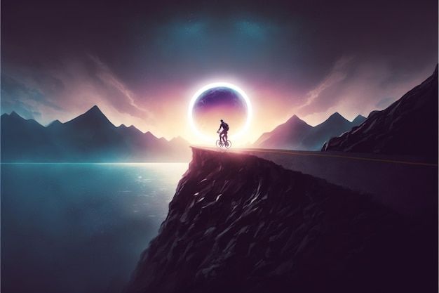 Un ciclista che attraversa una scogliera contro il cielo con l'illustrazione di stile di arte digitale di eclissi solare che dipinge il concetto di fantasia di un ciclista su una bicicletta sulla montagna