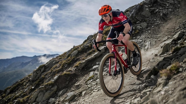 Un ciclista che corre in bicicletta in montagna