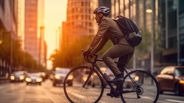 Un ciclista con un casco va al lavoro con una valigetta in città Generative Ai