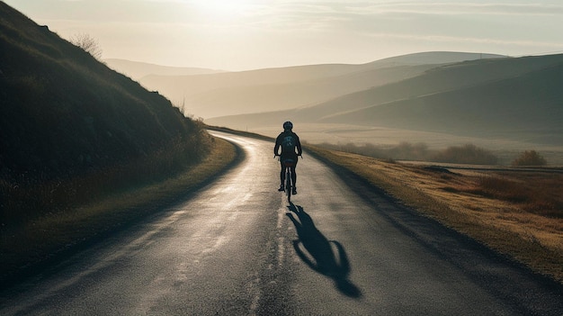 Un ciclista corre verso l'alba