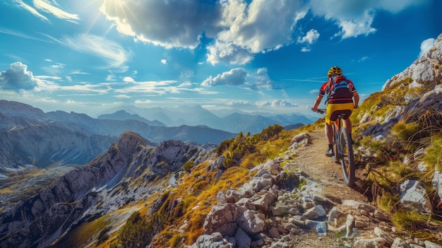 Un ciclista determinato con attrezzature di protezione sale vigorosamente su un sentiero roccioso di montagna