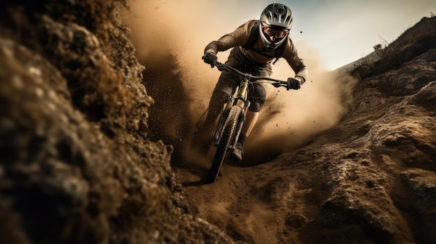 Un ciclista di mountain bike percorre un sentiero con lo sporco sul casco.