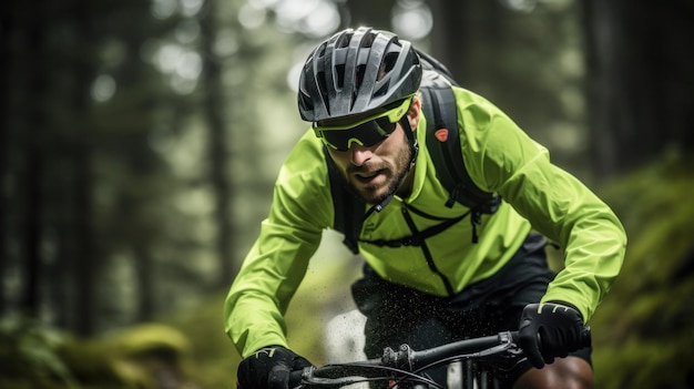 Un ciclista entusiasta con attrezzature di protezione che pedala con determinazione su una ripida collina verde con perseveranza che luccica nei suoi occhi