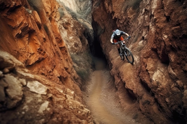 Un ciclista in mountain bike attraversa uno stretto canyon.