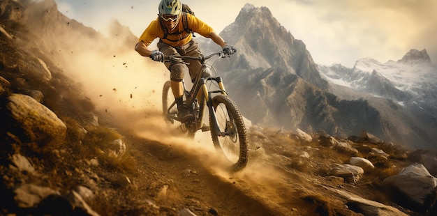 Un ciclista in mountain bike guida una mountain bike in montagna.