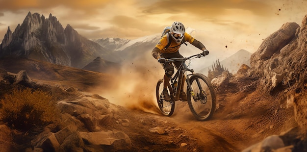 Un ciclista in mountain bike percorre un sentiero con le montagne sullo sfondo.