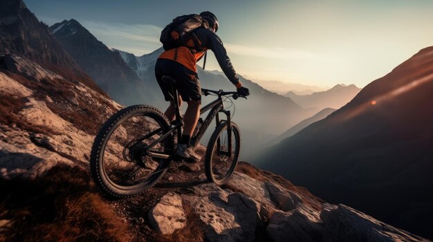 Un ciclista maschile che guida in un terreno montuoso Ciclismo estremo Sport ciclistico