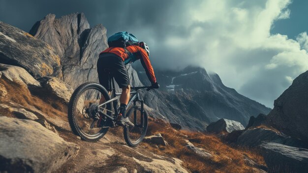 Un ciclista maschile che guida in un terreno montuoso Ciclismo estremo Sport ciclistico