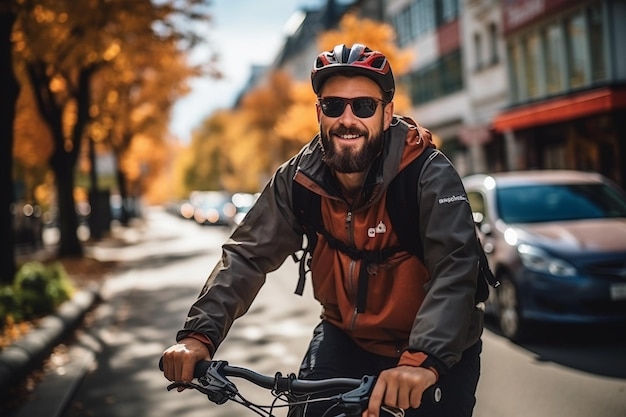 Un ciclista maschio in città con un casco AI generativa