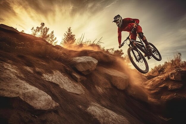 Un ciclista salta su un sentiero sterrato con un tramonto sullo sfondo.