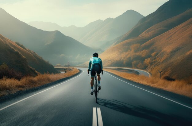 Un ciclista su una strada in montagna