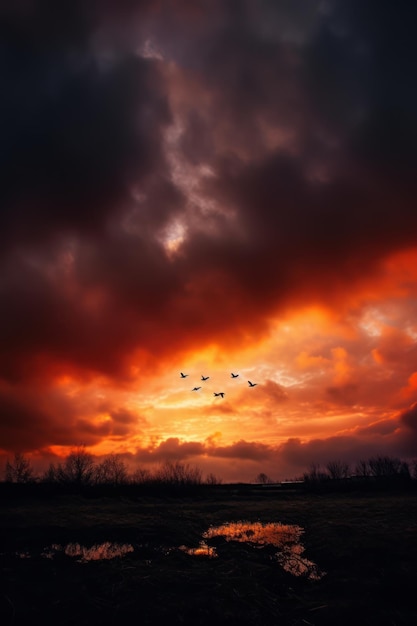 Un cielo arancione con uccelli che volano in esso nello stile di effetti di luce drammatici nuvole atmosferiche