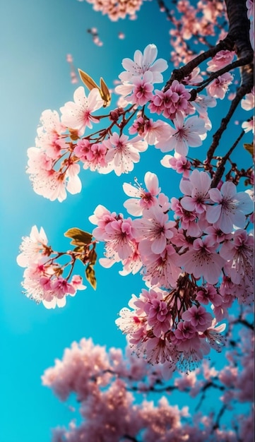 Un cielo azzurro con fiori rosa