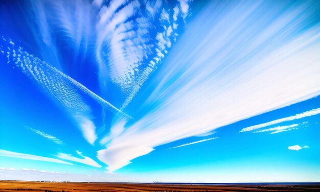 Un cielo azzurro con nuvole e un aereo che scivola nel cielo.