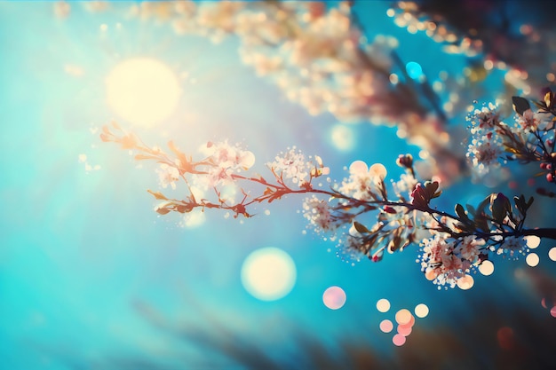 Un cielo azzurro con un fiore in primo piano e il sole che splende sul lato destro.