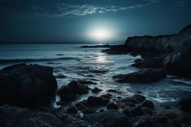 Un cielo blu con la luna sopra l'oceano