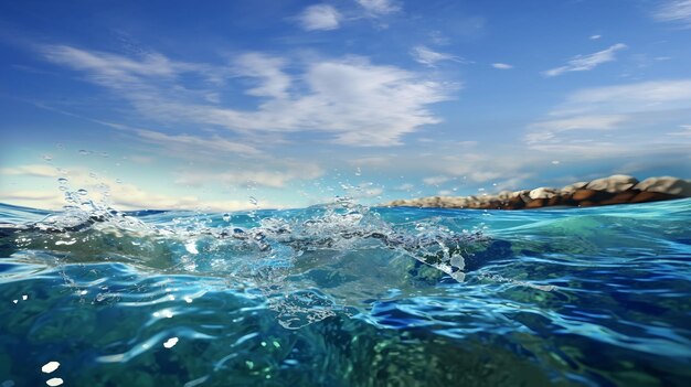 Un cielo blu con nuvole e un'onda nell'oceano