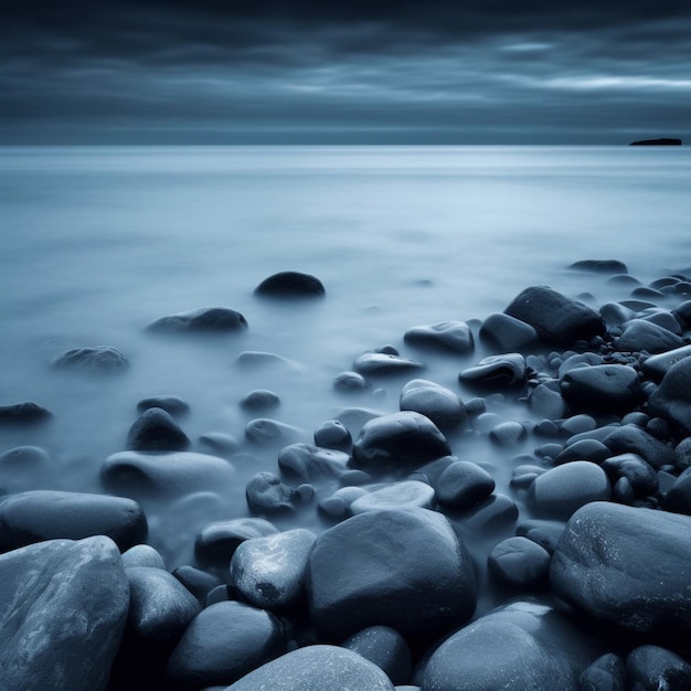 Un cielo blu è coperto e l'acqua è piena di rocce.