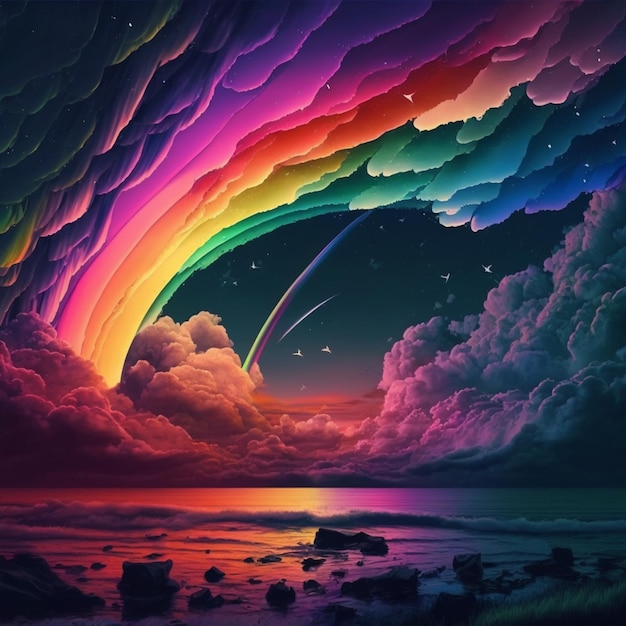 Un cielo colorato arcobaleno con nuvole e un arcobaleno colorato ai generativo arcobaleno