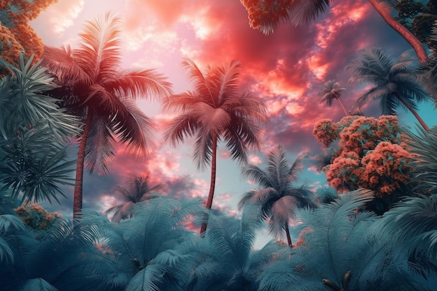 Un cielo colorato con palme in primo piano