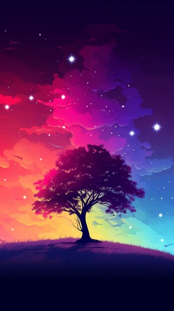 Un cielo colorato e un albero appeso al chiaro di luna