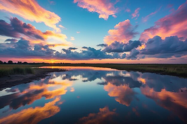 Un cielo colorato pittoresco con il riflesso nell'acqua