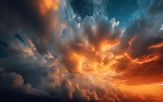 Un cielo drammatico con nuvole e un cielo azzurro con il sole che splende attraverso.