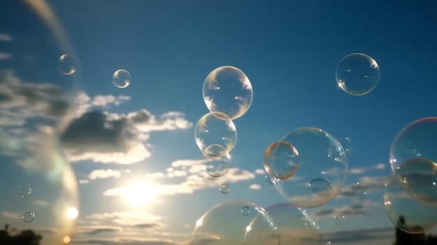 Un cielo limpido con bolle dentro e il sole splende.