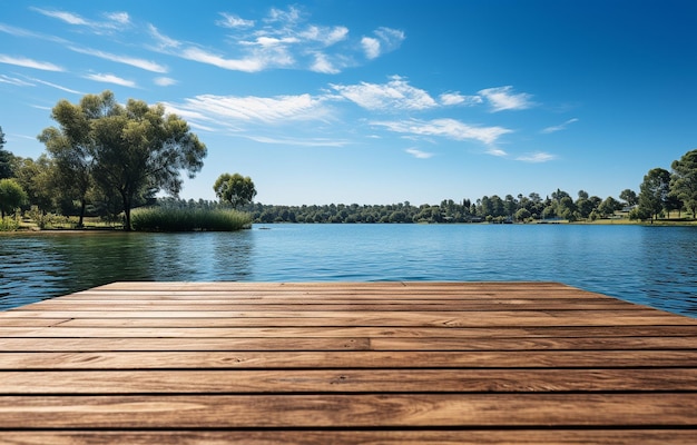 Un cielo limpido e una terrazza in legno lungo il lago