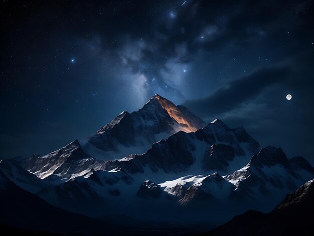 un cielo notturno affascinante con una coperta di stelle una luna piena e una silhouette di una catena montuosa