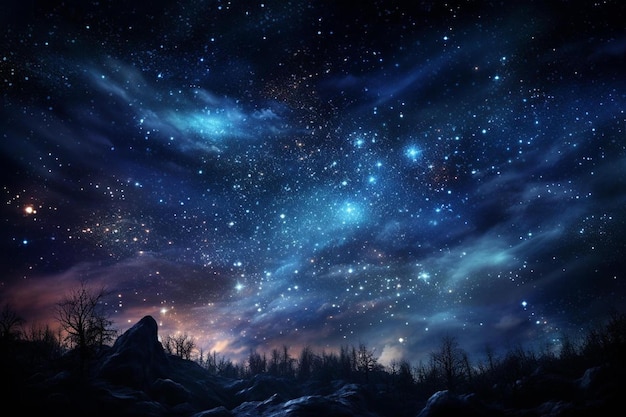 un cielo notturno con stelle e alberi innevati.