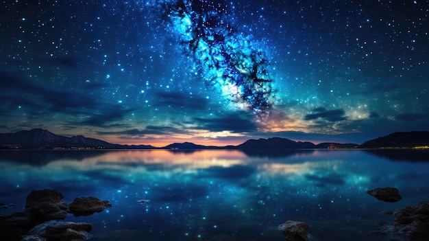 Un cielo notturno con stelle e un lago in primo piano.