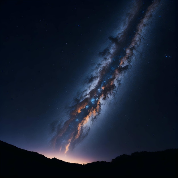 Un cielo notturno con una galassia al centro e il sole che splende all'orizzonte.