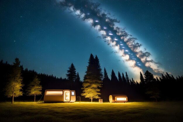 Un cielo notturno stellato con una casa in primo piano e una casa sullo sfondo.