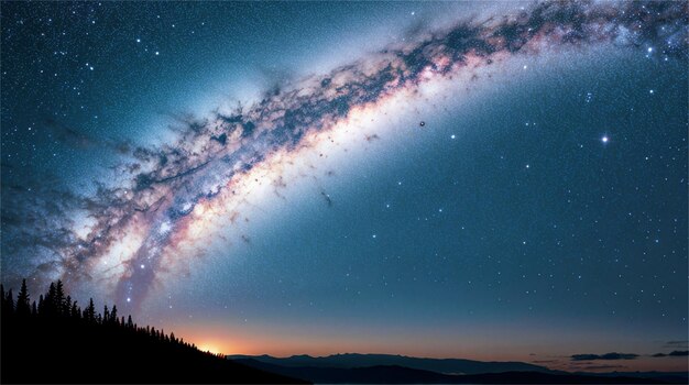 Un cielo notturno stellato con una galassia blu e bianca al centro.