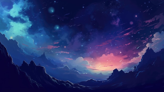 Un cielo notturno stellato con una montagna e un cielo stellato