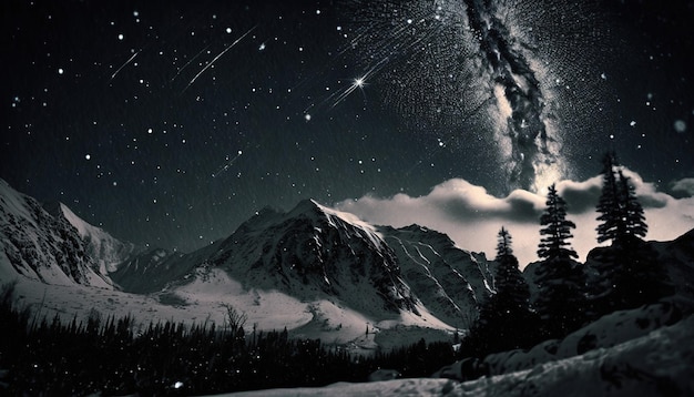 Un cielo notturno stellato con una montagna sullo sfondo