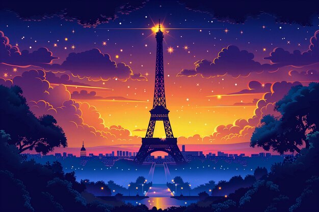 Un cielo notturno stellato illumina la Torre Eiffel in questa incantevole illustrazione vettoriale generata dall'AI