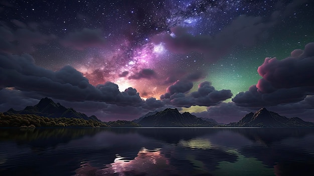 Un cielo notturno stellato sopra un lago con una galassia viola e verde nel cielo.