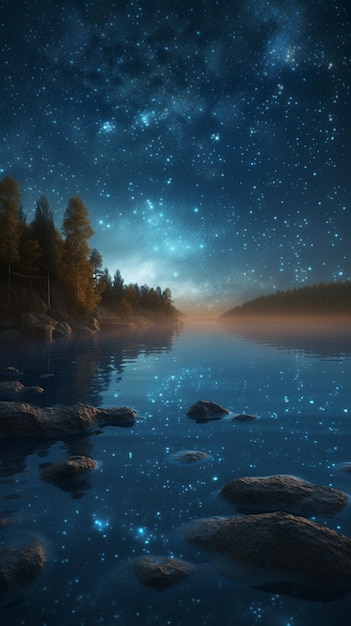Un cielo notturno stellato sopra un lago