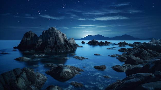 Un cielo notturno stellato su una spiaggia rocciosa con una montagna sullo sfondo.