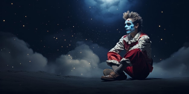 Un cielo notturno surreale Il clown malinconico su una mezzaluna fluttuante