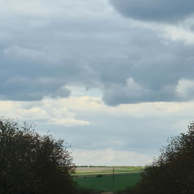 Un cielo nuvoloso è sopra un campo e il cielo è blu e bianco.